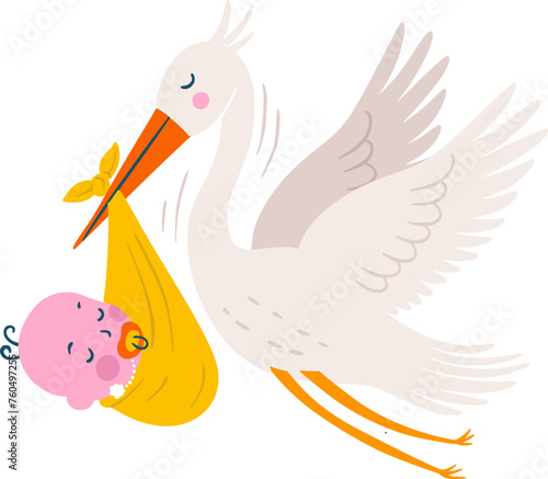 Stork bird with a baby announcement card. Baby Shower