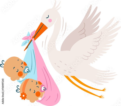 Stork bird with a baby twins announcement card. Baby Shower