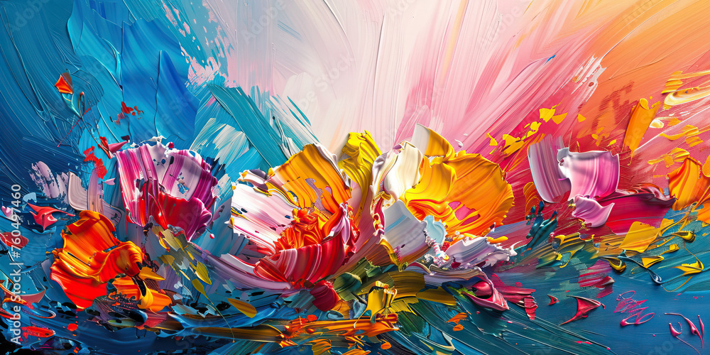 Colorful Chaos: Abstract Oil Paint Strokes and Flowers. Vibrant abstract background with a burst of multicolored oil paint strokes and floral accents.