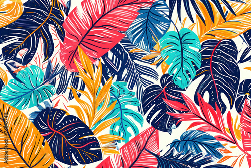 Tropical Leaves Seamless Pattern on White Background, Colorful Botanical Illustration for Design and Print Projects