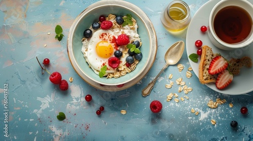 Fresh delicious breakfast with soft boiled egg, crispy toasts and cup coffee or tea on blue background. Levitation food concept. Vintage retro styleOatmeal with fresh berries in white bowl and silhoue