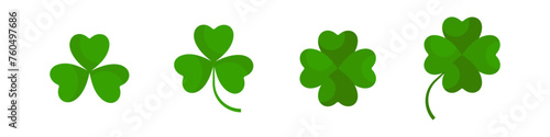 Flat shamrock icons set. Clover three and four leaves logo. Green floral symbol.
