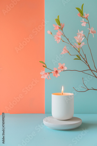 Relaxing set up of lit candle and floral cherry branches  on minimalistic pastel background photo