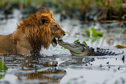 A lion aggressively devouring a crocodile while partially submerged in water