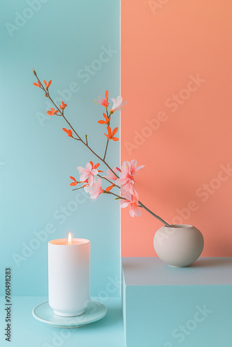 Relaxing set up of lit candle and floral cherry branches  on minimalistic pastel background photo