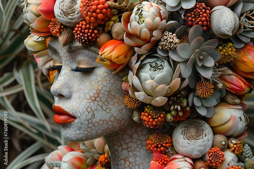 Woman With Flowers Surrounded by Succulents