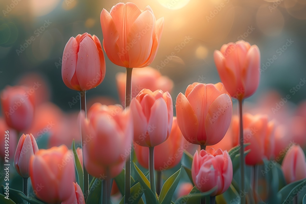 Field of Pink Tulips With Sun in Background