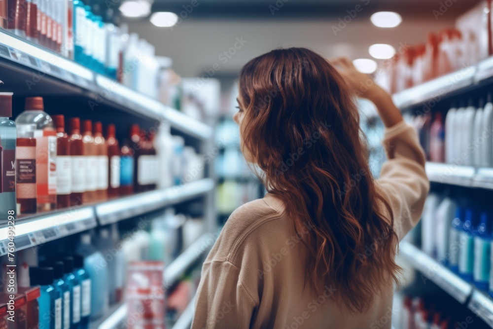 rear view of a young woman in a store choosing goods Generative AI