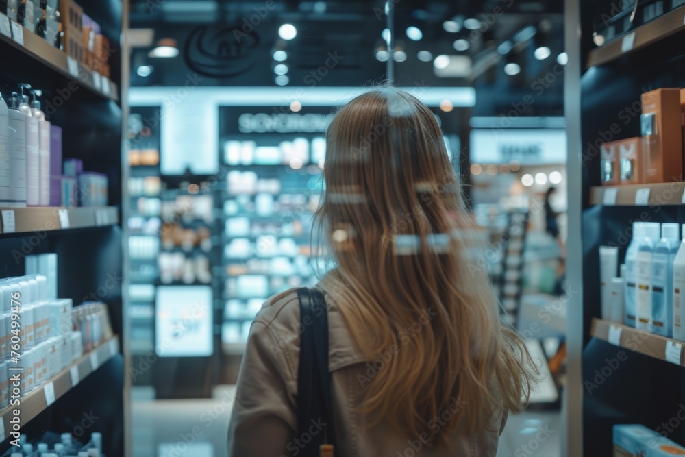 rear view of a young woman in a cosmetics store choosing products Generative AI