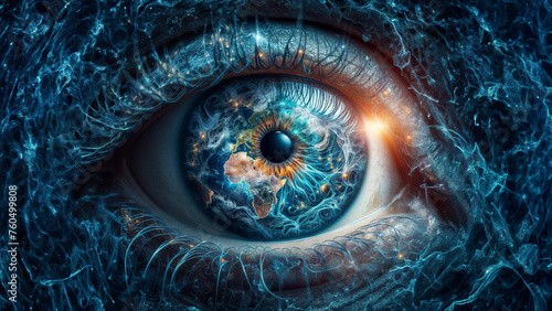 Surreal image of an eye with the planet Earth in the iris and pupil, surrounded by intricate blue patterns reflecting a universe.