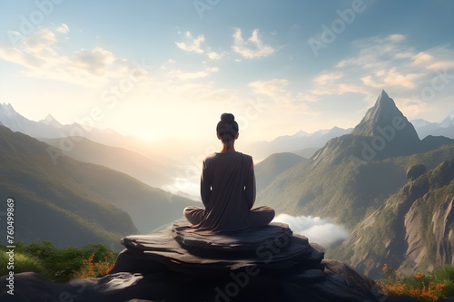 A serene yoga practitioner in a mountainous landscape, embodying peace and mindfulness.  © Tachfine Art