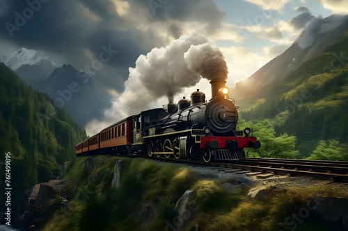 A vintage train traveling through a scenic countryside, evoking a sense of nostalgia and adventure. 