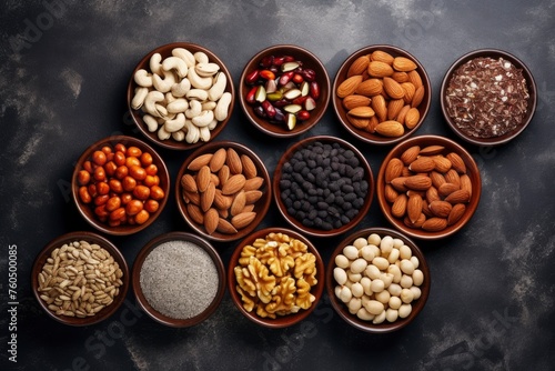 top view of vary kind of nuts and beans with copy space for text. food background for stock photography - generative ai