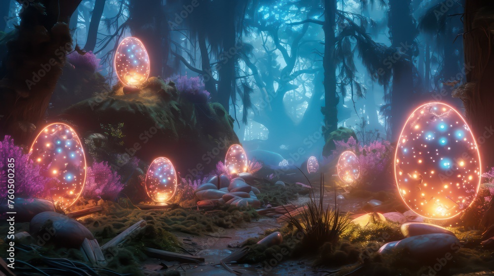  3D-rendered neon Easter egg hunt in a virtual forest with glowing