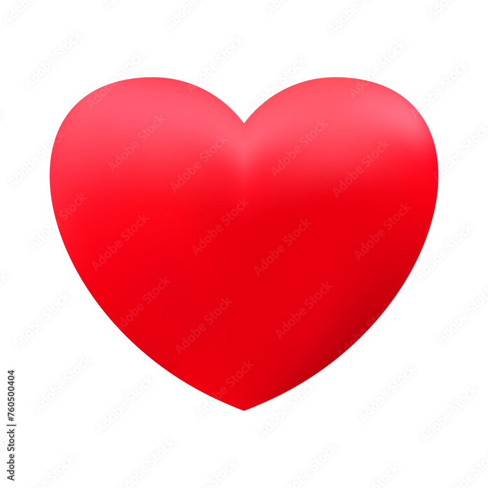 Red realistic heart icon on white background. 3d vector illustration.