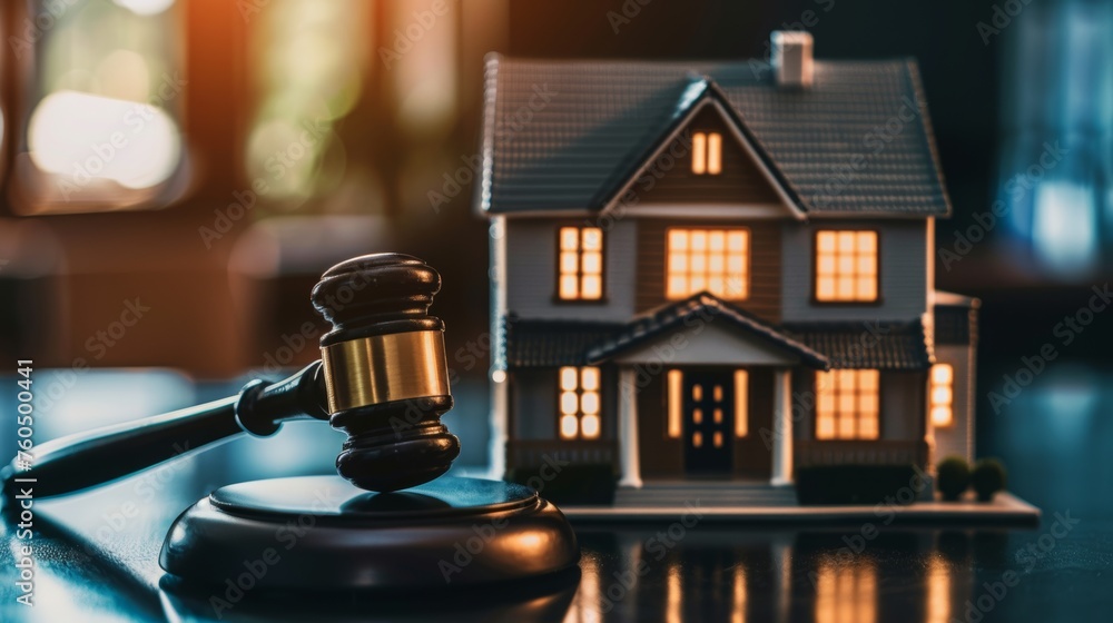 Law hammer and house model, taxes and profits invested in real estate and home purchase, foreclosures, copy space, 16:9 Law hammer and house model, taxes and profits invested in real estate and home purchase, foreclosures, copy space, 16:9