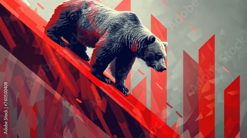 Bear climb down on red inclined plane in stock market, falling stocks, baisse, copy space, 16:9 photo