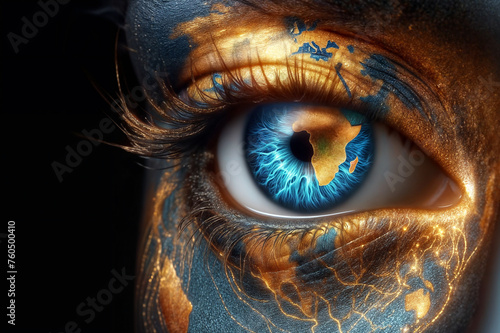 closeup of human eye with world map image on his face with earth-toned and gold makeup artistry.