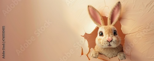Easter bunny peeking out of a hole in the wall, space for text