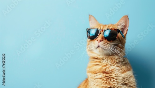 Stylish Orange Cat with Sunglasses on Light Blue Background with Copy space