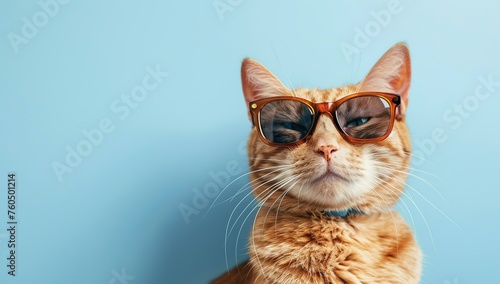 Stylish Orange Cat with Sunglasses on Light Blue Background
