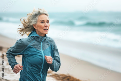 mature woman running along the shore of the beach