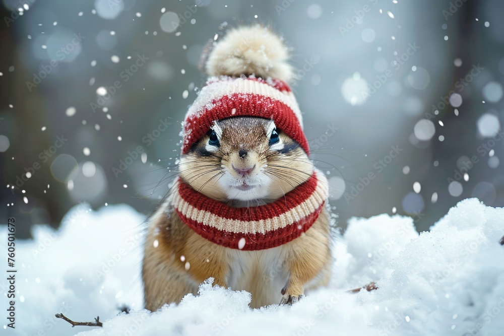 Adorable Chipmunk Wearing Red and White Winter Clothes in Snow