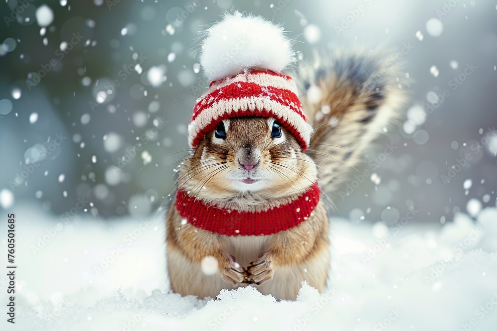 Adorable Chipmunk Wearing Red and White Winter Clothes in Snow