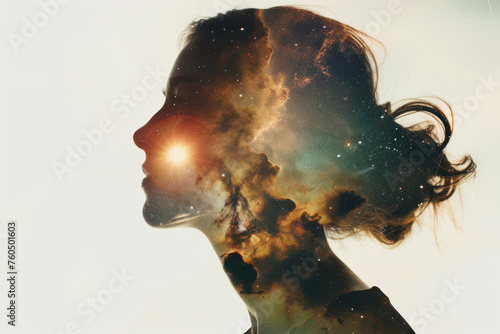 woman's head with double exposure and galaxy