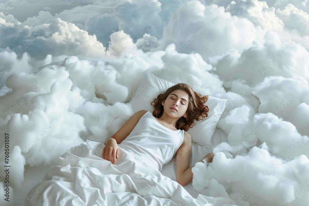 Sleeping Woman Floats Blissfully Among Heavenly Clouds in Tranquility