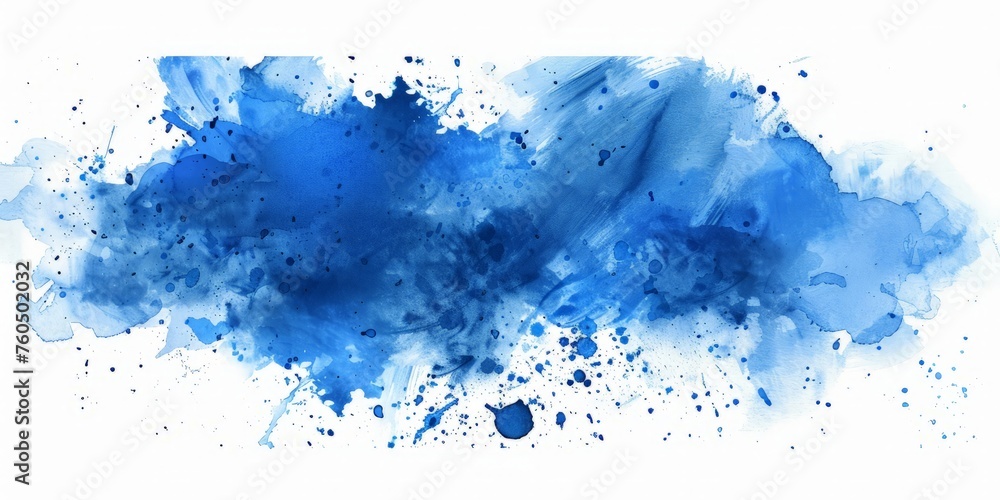 Spatters of blue ink are scattered across a pristine white backdrop, creating a striking contrast