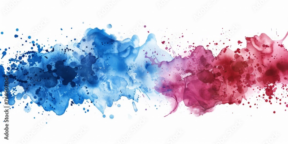 Blue and red paint splatters create a vibrant contrast on a white surface