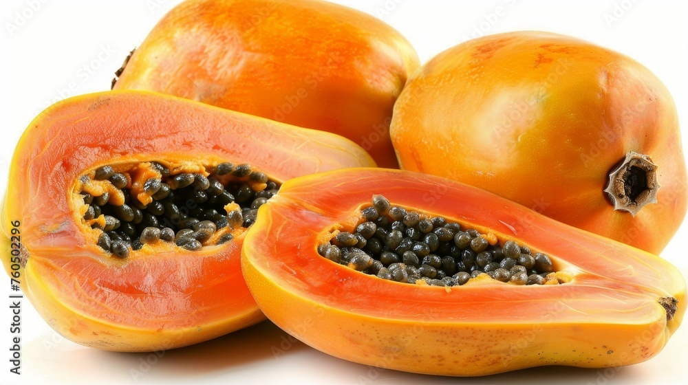 Fresh tropical papaya fruit and leaves isolated on white background for vibrant botanical display Fresh tropical papaya fruit and leaves isolated on white background for vibrant botanical display