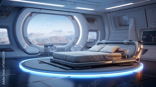 a floating bedroom in a futuristic space station with panoramic views of space