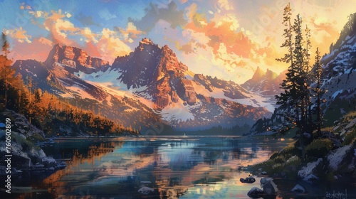 A breathtaking Montana mountain vista bathed in golden sunlight  showcasing rugged cliffs jutting into the sky  dense forests clinging to the slopes