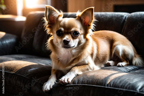 Cute Chihuahua dog on dark sofa in cozy home living room. Portrait doggy Chihuahua. Concept pet love and family friend © Alex Vog