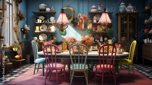  a Mad Hatter s tea party-inspired dining room with mismatched chairs  teapot chandeliers  and an eclectic mix of dinnerware 