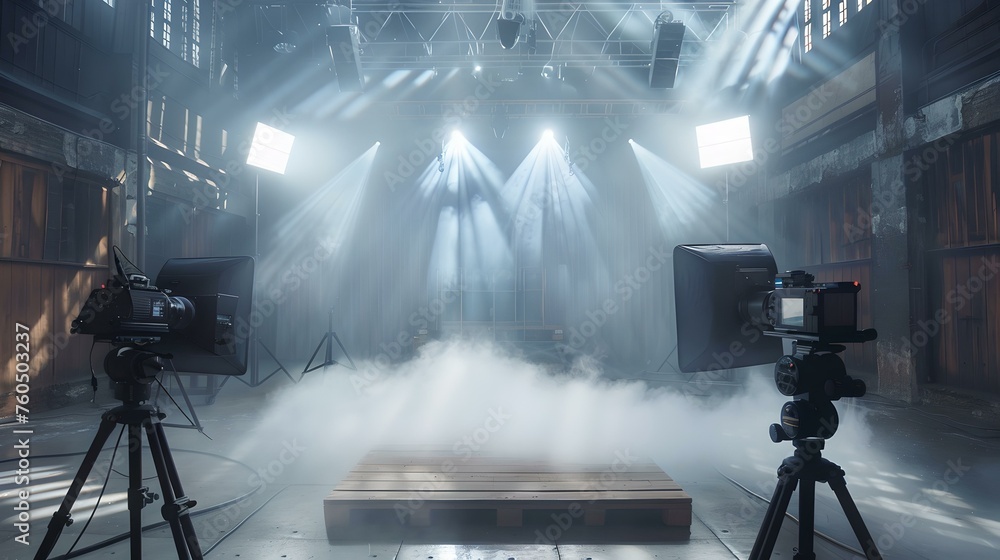 Dramatic film set with intense lighting and haze, capturing a cinematic atmosphere. professional equipment in studio. AI