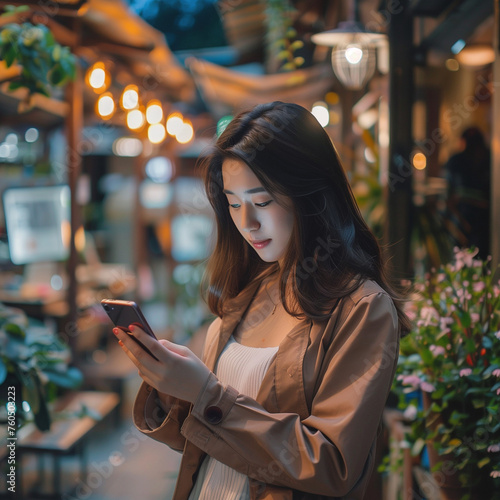 woman typing on her phone standing in a city street in front of a cafe store in japan