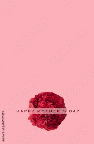Spray carnations bouquet in red, top view, background pink, text:happy mother's day
