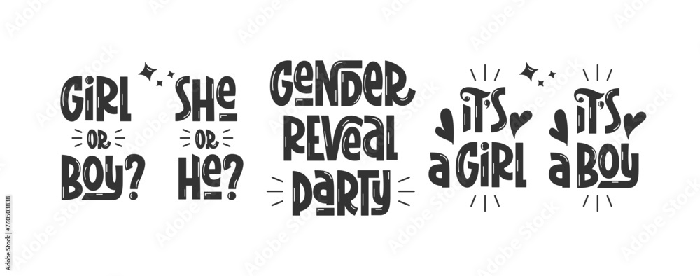 Gender Reveal Party Quotes Hand Lettering Set. It's a Girl or Boy, He or She, Phrases Handwritten Collection. Typographic Design Elements for Baby Party. Gender Reveal Party Quotes Hand Lettering Set. It's a Girl or Boy, He or She, Phrases Handwritten Collection. Typographic Design Elements for Baby Party.