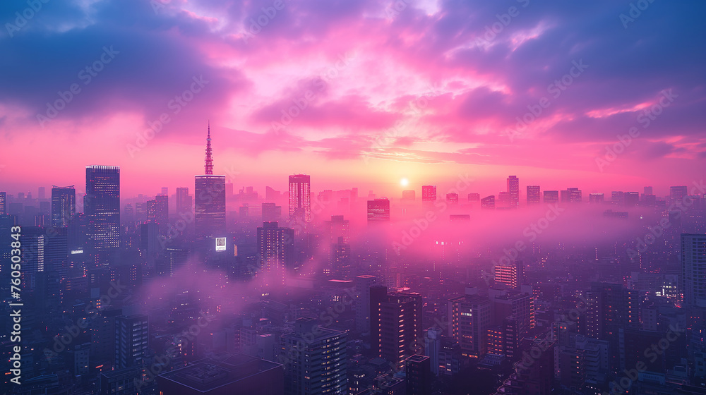 Fototapeta premium 夕日に照らされてピンク色に染まった街