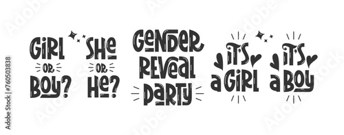 Gender Reveal Party Quotes Hand Lettering Set. It's a Girl or Boy, He or She, Phrases Handwritten Collection. Typographic Design Elements for Baby Party.