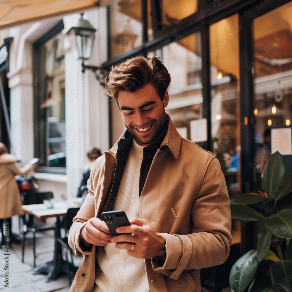 man typing on his phone standing in a city street in front of a cafe store man typing on his phone standing in a city street in front of a cafe store