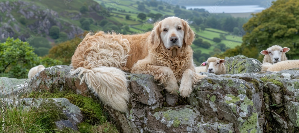 Devoted farm dog diligently watching over a flock of sheep to ensure their safety Devoted farm dog diligently watching over a flock of sheep to ensure their safety