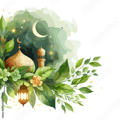 Ramadan greeting card background with green leaves photo