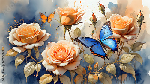 bright tropical butterflies on delicate rose flowers in the garden painted in watercolor photo