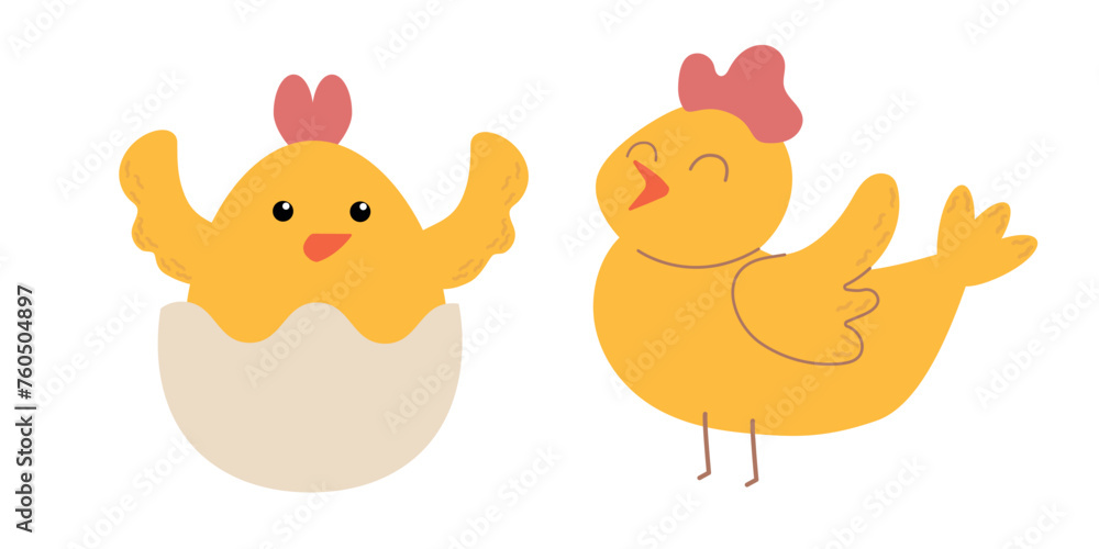 Easter little chicks cartoon character isolated on white background. Trendy Easter design. Flat vector illustration for poster, icon, card, logo, label. Easter little chicks cartoon character isolated on white background. Trendy Easter design. Flat vector illustration for poster, icon, card, logo, label.