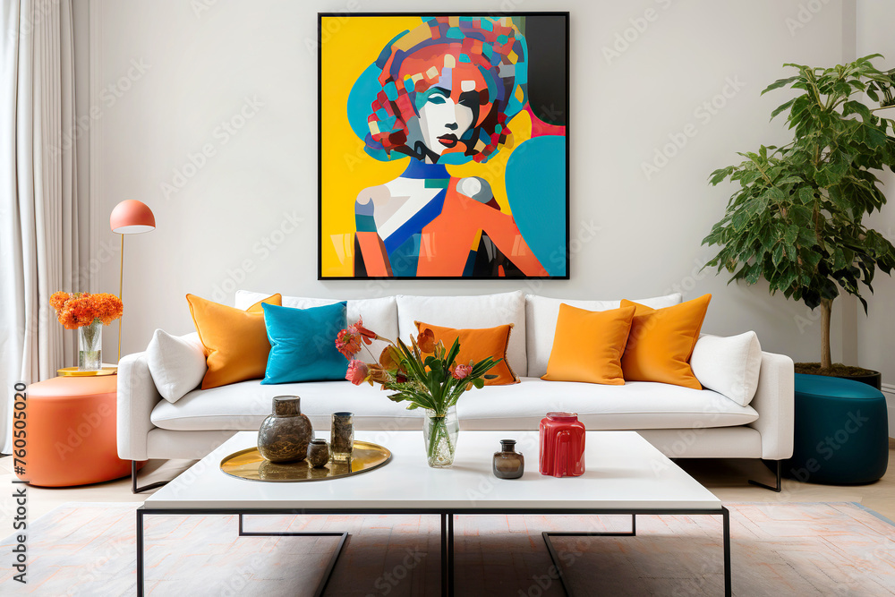 Scandinavian interior design of modern living room, home. Colorful vibrant pillows on white sofa against wall with art poster frame. - obrazy, fototapety, plakaty 
