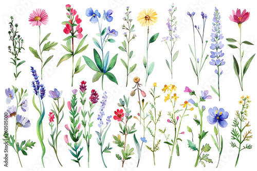 Big Set watercolor elements - wildflowers, herbs, leaf.
